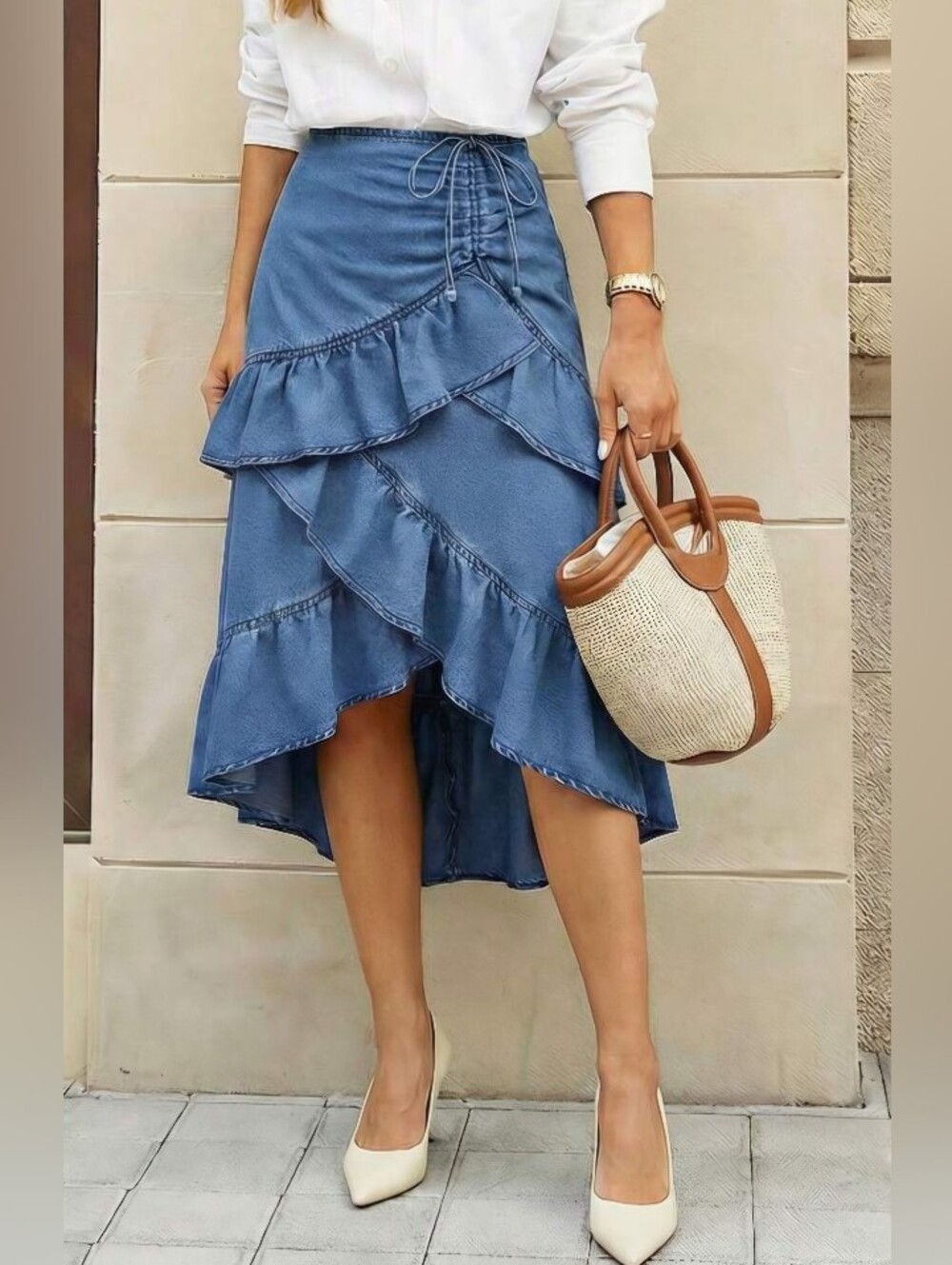 Denim Ruffle Curvy Size High-Low Skirt Size XL-12, 1XL-14, 2XL-16, 3X-18